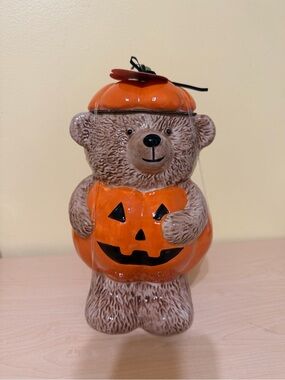 Creepy critters teddy bear cookie jar with pumpkin